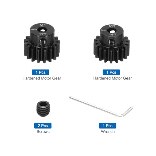 DMiotech M1 17T 18T Steel 5mm Hardened Pinion Motor Gear for RC Car Brushed Replacement Brushless Motors, RC Applications with 2 Pcs Screws & Hex Spanner for DIY RC Boat Drone