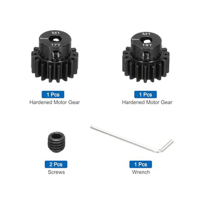 DMiotech M1 17T 18T Steel 5mm Hardened Pinion Motor Gear for RC Car Brushed Replacement Brushless Motors, RC Applications with 2 Pcs Screws & Hex Spanner for DIY RC Boat Drone