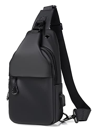 Waterproof Sling Bags Mens Shoulder Crossbody Backpack with USB Charging Port& Headphone,Outdoor Lightweight Bag - color: A-black