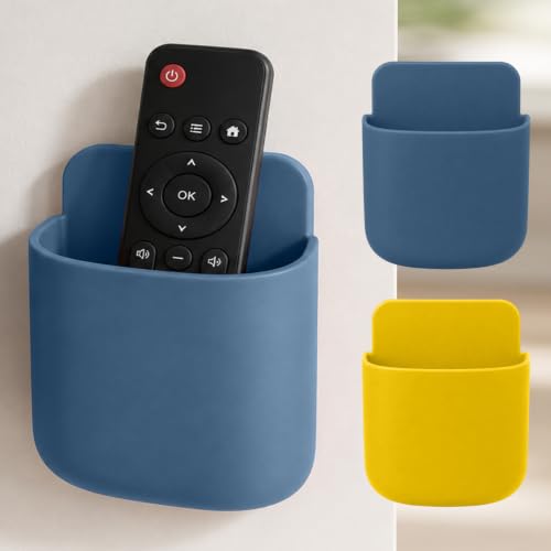 Remote Control Holder 2 Pack, Wall Mounted Remote Control Organizer, Self Adhesive Storage Box for Remote Controls, Phones and Small Accessories - color: 1 Blue 1 Yellow