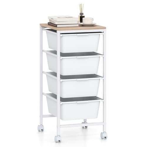 RELAX4LIFE 4-Drawer Rolling Storage Cart w/Lockable Wheels(White) - color: White, size: 28”H