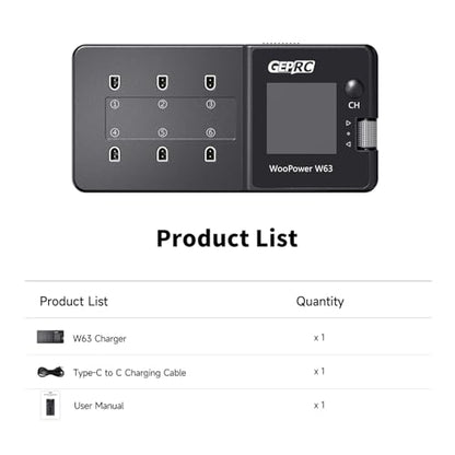 GEPRC W63 6-Port 1S Charger 3A Fast Charge LiPo/LiHV BT2.0/XT60
