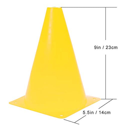 9 Inch Plastic Training Traffic Cones, Sport Cones, Set of 10/12/24 - color: 10 Pack Yellow