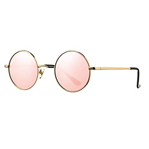 Pro Acme Small Round Polarized Sunglasses for Women Men Retro Metal Shades - color: D1 - Gold Frame/Pink Mirrored Lens
