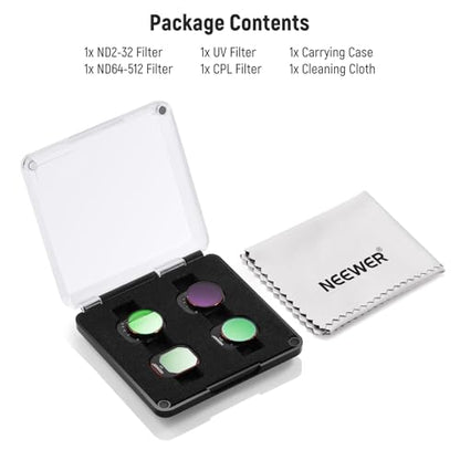 NEEWER Variable ND Filter Set Compatible with DJI Mini 4 Pro, 4 Pack ND2-ND32 (1-5 Stops)/ND64-ND512 (6-9 Stops) Limited VND/CPL/UV Filter, Multi Coated HD Optical Glass/Aluminum Frame - size: Mini 4Pro, style: 4 Pack VND Filter