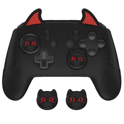 playvital Cute Demon Silicone Grip Cover for Nintendo Switch Pro Controller, Anti-Slip, Kawaii Protective Skin with Joystick Caps and Stickers Compatible with Nintendo Switch Pro- Black - color: Black