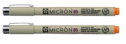 SAKURA PIGMA MICRON 05 FINELINER PEN, 0.45MM LINE WIDTH, PACK OF 2 (Orange) - color: Orange