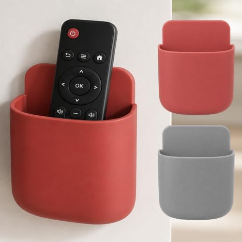 Remote Control Holder 2 Pack, Wall Mounted Remote Control Organizer, Self Adhesive Storage Box for Remote Controls, Phones and Small Accessories - color: 1 Red 1 Grey