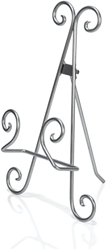 Red Co. 11” Tall Decorative Curved Scroll Metal Wire Display Plate Stand & Art Holder Easel, Silver