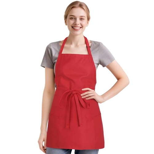 NLUS Kitchen Cooking Apron with 3 Pockets, Adjustable Bib Apron Chef Aprons for Women Men - color: Red