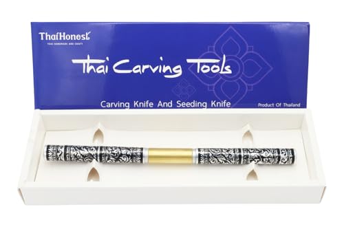 Thai Fruit Carving Knife –2 Inch Double-Sided Blade (Curved & Straight) with Decorative Black Thai Pattern Handle – Precision Tool for Vegetable and Fruit Art, Handcrafted for Culinary Detailing