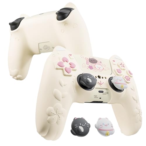 PlayVital for PS5 Controller Cover Skin - Cherry Blossoms Kitten Anti-slip Grip Skin with Thumb Grip & Sticker - Soft Rubber Protector for PS5 Controller Accessories - Antique Yellow - color: Antique Yellow