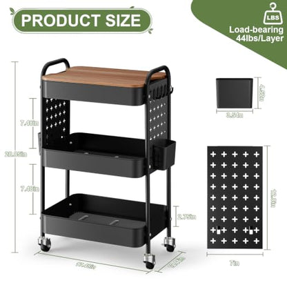 3 Tier Rolling Cart with DIY Pegboard, Metal Utility Cart with Table top - color: Black With Pegboard