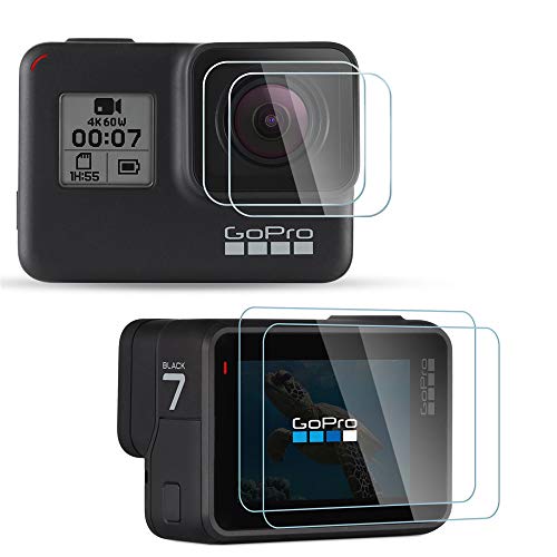 Diruite [4Pcs] Screen Protector for GoPro Hero 7(Only Black)/Hero HD(2018)/Hero 6/Hero 5, 2.5D 9H Hardness Ultra-thin Tempered Glass Camera Screen Protective Film [Anti-Scratch]