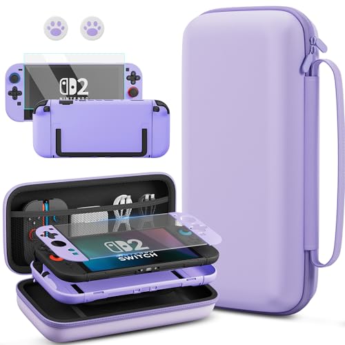 PAWDIARY Purple Switch 2 Carrying Travel Accessories Bag, with Hardshell PC Protective Case Skin for Nintendo Switch 2 Console & Left/Right Controller, HD Screen Protector and 2 Thumb Caps - color: Purple