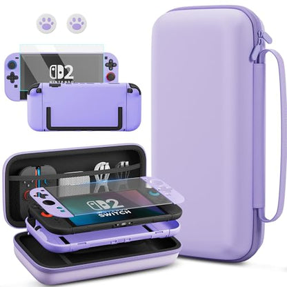 PAWDIARY Purple Switch 2 Carrying Travel Accessories Bag, with Hardshell PC Protective Case Skin for Nintendo Switch 2 Console & Left/Right Controller, HD Screen Protector and 2 Thumb Caps - color: Purple