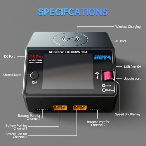 HOTA D6 Pro Lipo Battery Charger Dual Channel Smart Charger AC200W DC650W 15A for LiHv Nicd NiMH Lipo RC Battery Charger with Balance Phone Wireless Charging RC Car RC Boat FPV Race Drone Parts Black - color: Black