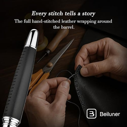 BEILUNER 318 Luxury Personalized Pen, Hand-Stitched Premium Black Leather - color: ,Black(Personalized)