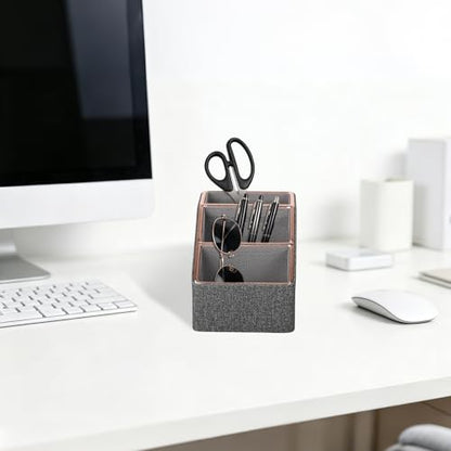 Rose Gold Edge Inlaid Leather Desktop Organizer, Remote Control Holder,Nightstand Remote Caddy, Multi-Functional Storage Box for Cellphone,Pens, Makeup Brushes, Lipsticks & Small Cosmetics (Grey) - color: Grey