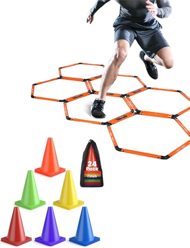 GHB Hex Agility Rings 1 Pack and 24 Pack 7 Inch Football Cones with 3 Carrying Bag