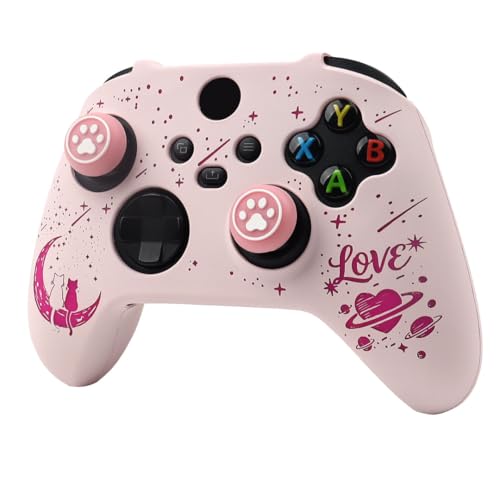 Moonlit Cats with a Loving Heart Controller Skin Compatible with Xbox Series X Wireless Controller, RALAN Protector Case， Customised Thumb Grips Cap - color: MCats Pink