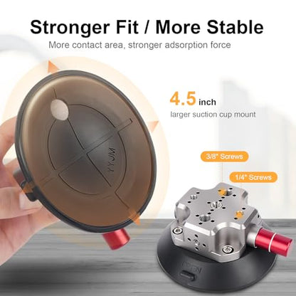 Suction Car Mount for lnsta36O,Versatile Camera Suction Cup Car Mount Kit with 1/4" & 3/8" Mounting Holes, Selfie Stick & Super Clamp, 4.5in Camera Suction Cup for GoPr0,DJI Osmo Action,JC022
