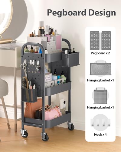 ALVOROG 3 Tier Metal Rolling Utility Cart with Pegboards,Baskets,Hooks,Gray - color: Grey