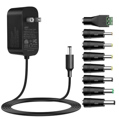 Tonton 12V 2A 6Ft Power Supply Adapter, 24W Universal Charger AC 100-240V with 8Tips to 12Volt DC Plug 2A 1.8A 1.5A 1.2A 1A 0.5A UL/CE/FCC Certified for LED, Router, Security Camera, Keyboard, Scanner - color: 12V 2A+8Tips