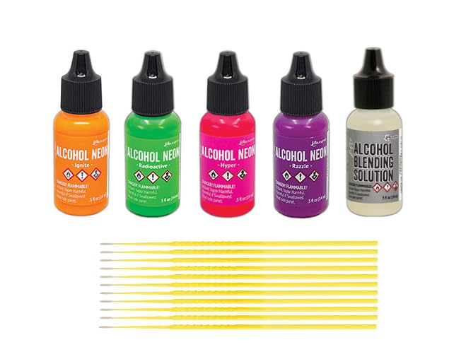 Alcohol Neons Bundle - Ranger Tim Holtz Alcohol Ink Neons with .5 oz Blending Solution and Trebbies Detail Sticks (Razzle, Hyper, Ignite, Radioactive) - color: Razzle, Hyper, Ignite, Radioactive