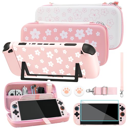 FUNDIARY Pink Sakura Travel Carrying Case for Nintendo Switch 2, Cute Accessories with Portable Storage Bags, Dockable Protective Cover, Screen Protector, Shoulder Strap, Handle Strap and 2 Thumb Caps - color: Pink & White Sakura