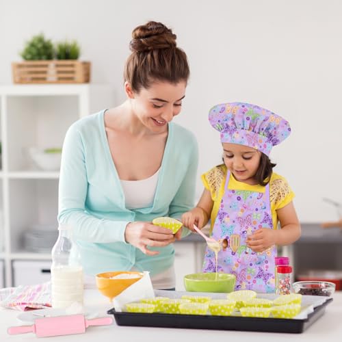 Kids Aprons for Cooking, Toddler Apron for Girls with Pockets Apron for Kid - color: Purple Butterfly