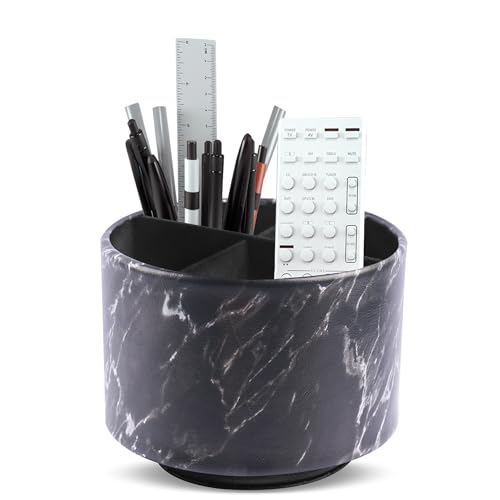 Round Leather Art Supply Organizer,Remote Control Holder,360-degree Rotating Pen Organizer with 4 Compartments(1-Marble Black Silver) - color: 1-Marble Black Silver