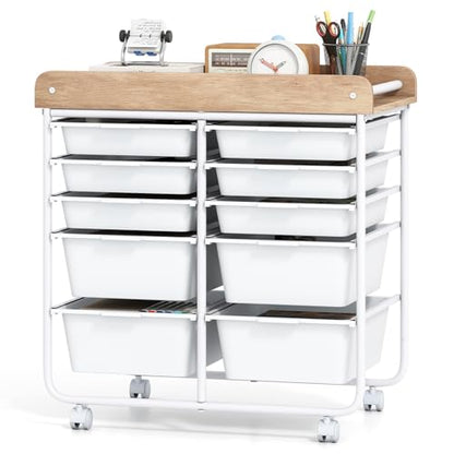 DREAMADE Rolling Storage Cart, 10-Drawer Utility Cart with Tabletop, White - color: White