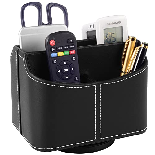 PU Leather Remote Control Holder Rotate 360 degrees Desk Organizer Storage Box for Remote Caddy,TV Guide, Mobile Phone, Pen,Stationery and Media Storage,Bedside Table Organizer(Black) - color: Black
