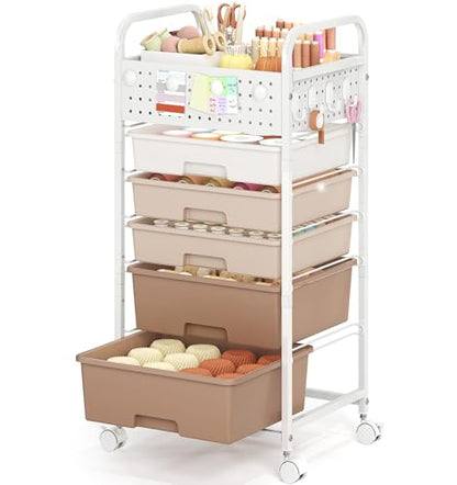 5 Drawer Rolling Storage Cart with Pegboard Top and Hooks, Brown - color: Brown, size: 5-Drawers