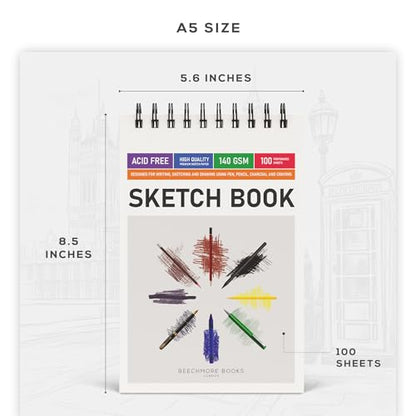 BEECHMORE BOOKS 5.6x8.5 A5 Spiral Sketchbook 140 GSM 100 Perforated Pages - size: A5 (5.6" x 8.5")