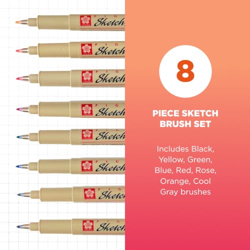 Sakura Pigma Sketch Brush Pens, Flexible Tips, Archival Ink, 8 Color Set