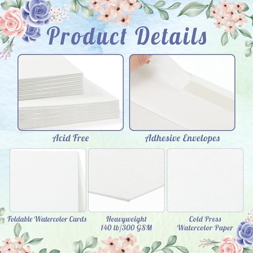 Prudiut 20 Sets Watercolor Cards with Envelopes, 5x7 In, 140 Lb Cold Press - size: 5x7 Inch