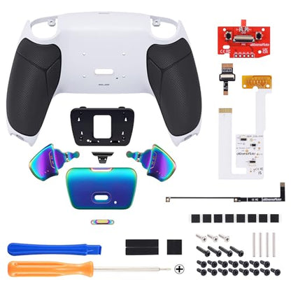 eXtremeRate Rainbow Aura Blue Purple Real Metal Buttons RMB RISE V3 Remap Kit for PS5 Controller BDM-030 040 050, Black Rubberized Grip White Bottom Shell Programable Back Buttons for PS5 Controller - color: White Black Rainbow