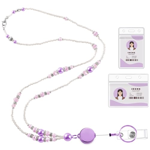 Beaded Teacher Lanyard with Retractable Badge Reel, Purple - color: Purple