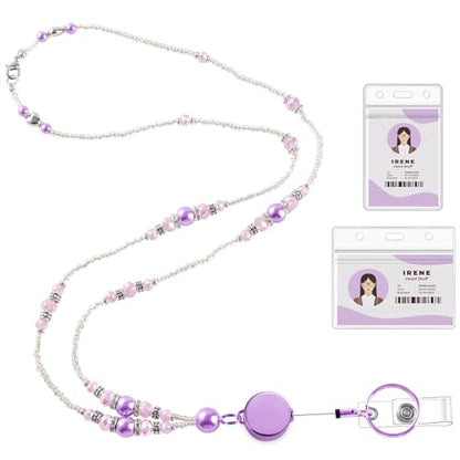Beaded Teacher Lanyard with Retractable Badge Reel, Purple - color: Purple