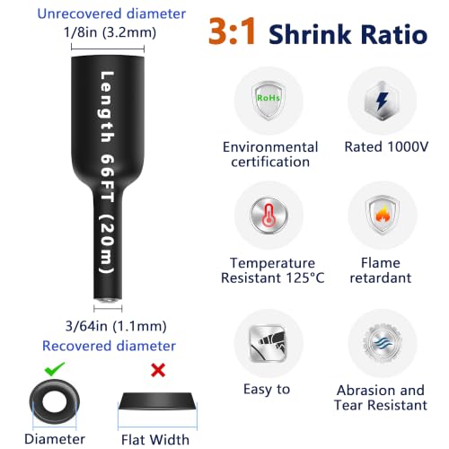 1/8" Heat Shrink Tubing, 66Ft 3:1 Ratio Wire Heat Shrink Tube Roll Marine Grade Dual Wall Adhesive Lined Waterproof Shrink Wrap Tubing for Automotive and Industrial – Black - color: Black, size: 1/8" - 66ft