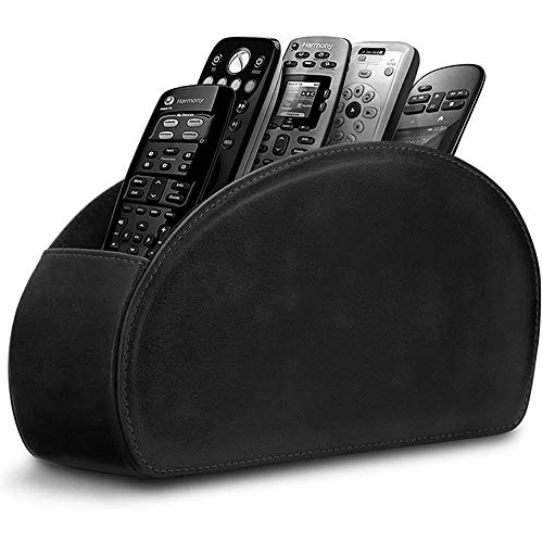 Leather Remote Control Holder with 5 Compartments TV Remote Caddy Storage Box/Tray,Desktop Organizer Store Controller,Glasses,Brush,Media Player,Pen,Space Saver for Bedside Table/Office Desk(Black) - color: black