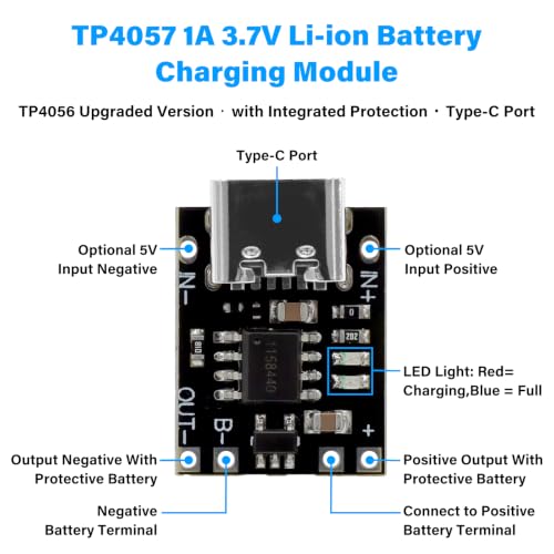 10PCS TP4057 1A Lithium Battery Charging Protection Board Module with Protection Type-C USB Charging Boards 3.7V 4.2V, TP4057 Charging Module（TP4056 Upgraded）