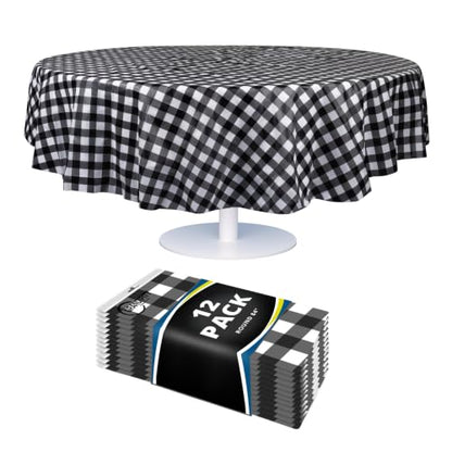 Grandipity Plastic Table Cloth Disposable 12 Pack 84" Round Gingham - color: Black Gingham, size: 84in. Round