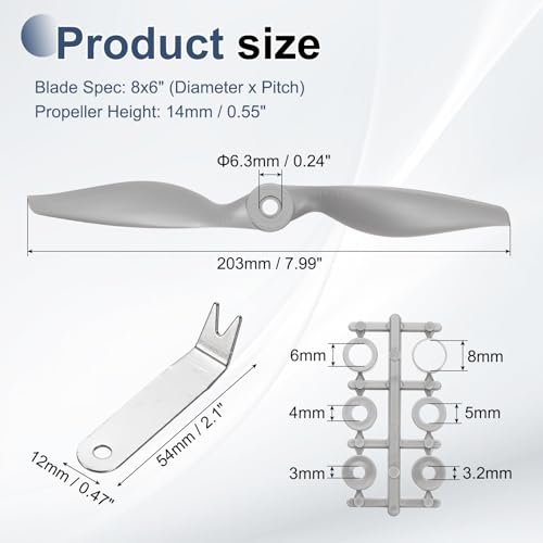 MECCANIXITY 8x6 Inch RC Propellers, 2-Vane Blades Prop Replacements Gray High Speed Propeller with Adapter Rings & Prop Wrench for RC Airplane Drones, Pack of 4 - size: 8" x 6"