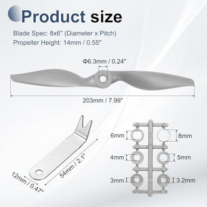 MECCANIXITY 8x6 Inch RC Propellers, 2-Vane Blades Prop Replacements Gray High Speed Propeller with Adapter Rings & Prop Wrench for RC Airplane Drones, Pack of 4 - size: 8" x 6"