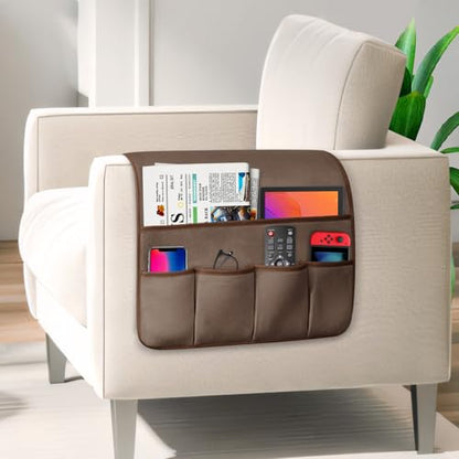 Remote Control Holder for Armchair Caddy, Remote Holder with 5 Pockets - color: Brown, size: 35"x18"