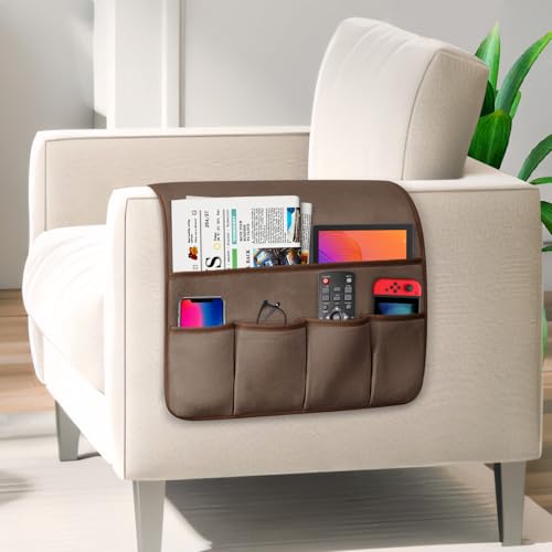 Remote Control Holder for Armchair Caddy, Remote Holder with 5 Pockets - color: Brown, size: 35"x18"