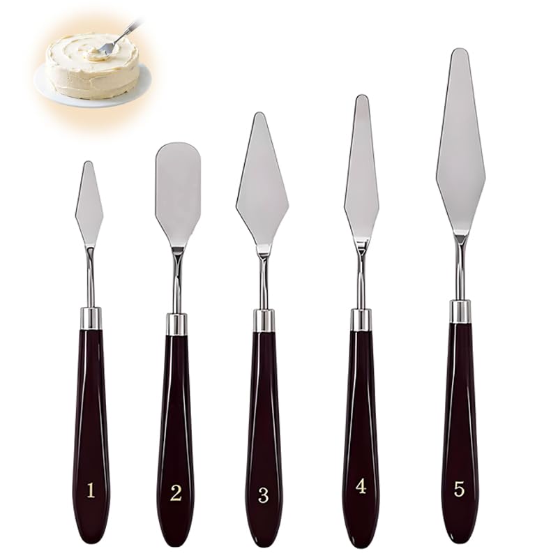 5 Pcs Cake Cream Spatula Set, Stainless Steel Offset Palette Knife for Baking Pastry, Cake Leveler, Frosting, Fondant, Chocolate, and Oil Painting Color Mixing Tool